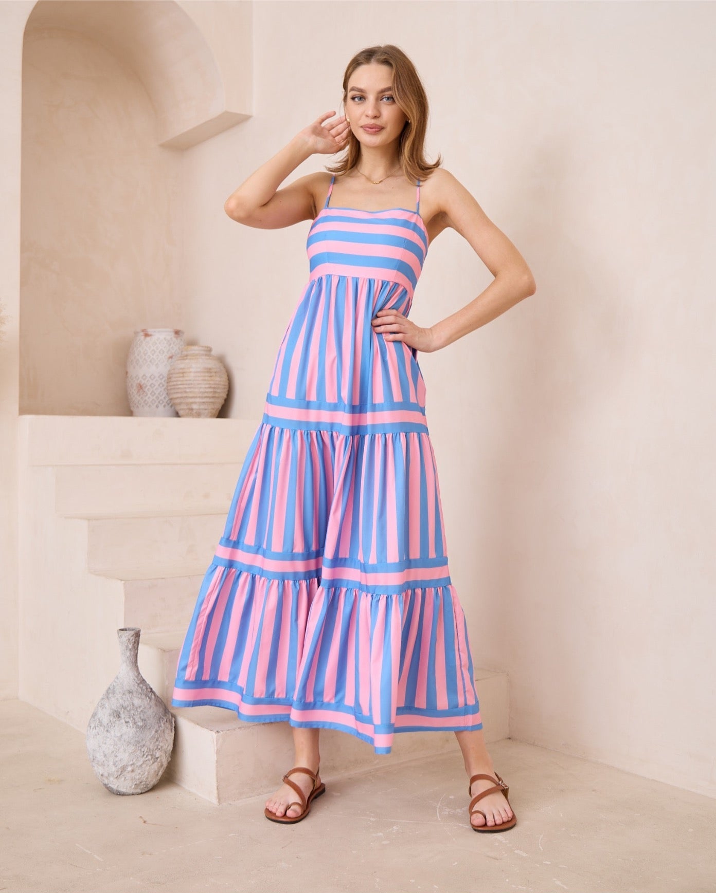 pink and blue striped dress Peach Love Contrasting Bold Stripe Maxi Dress in Royal/Pink S